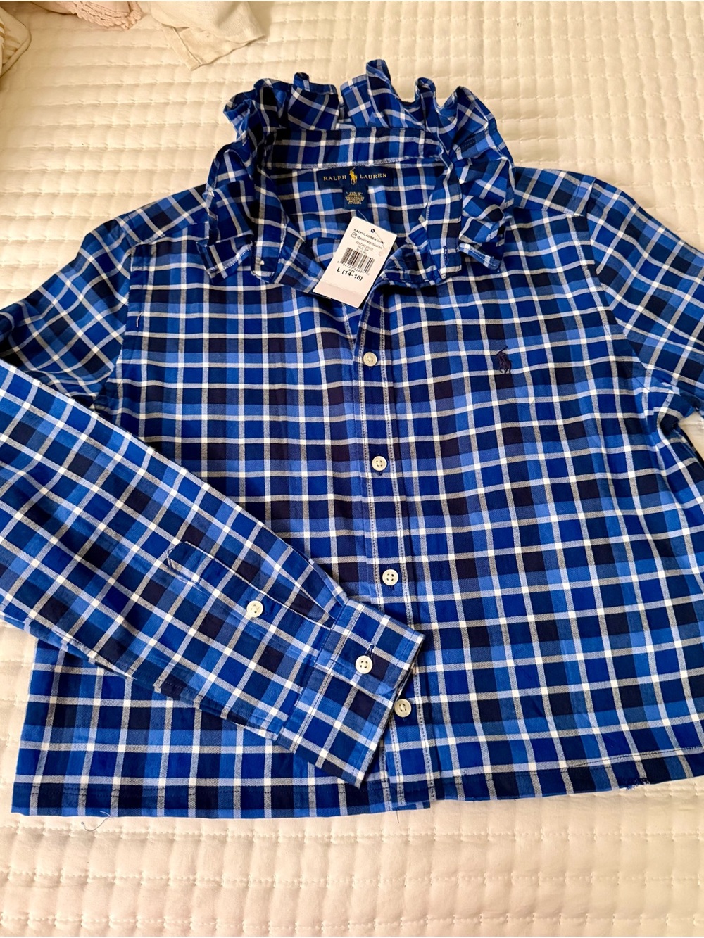 Ralph Lauren Upcycled Blue Plaid Button-Up Shirt. Woman’s XS/S - Picture 5 of 10